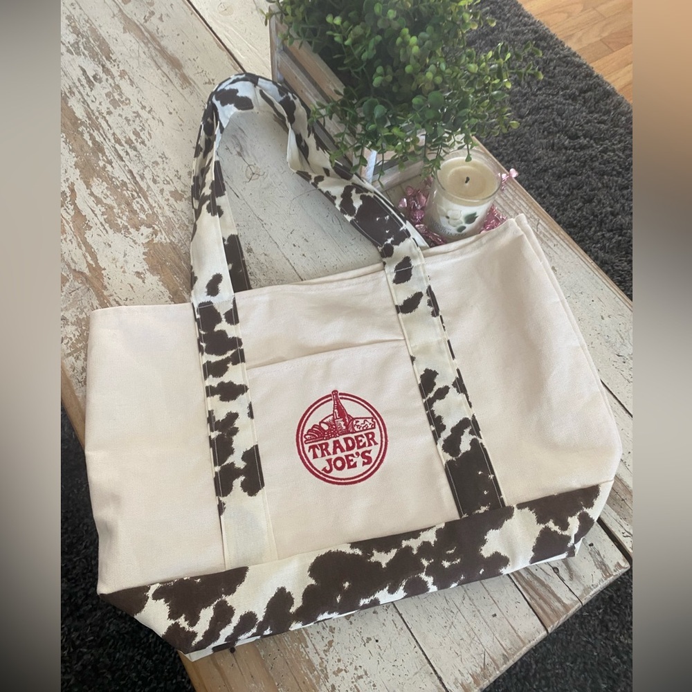 Trader Joe's Custom Cow Print Tote Bag - Cream and Brown